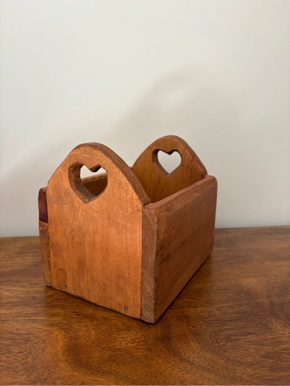 Rustic Wooden Caddy with Heart Cutouts - Warm Brown